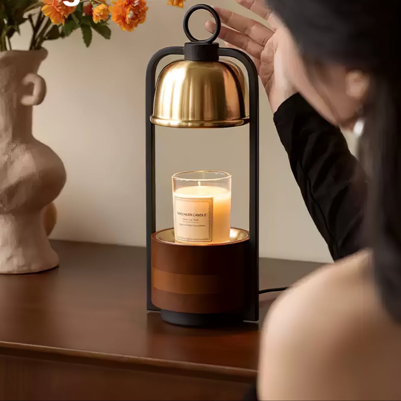Candle Warmer Lamp | Halogen Light, Stylish Brass & Wood Design for Indoor Relaxation