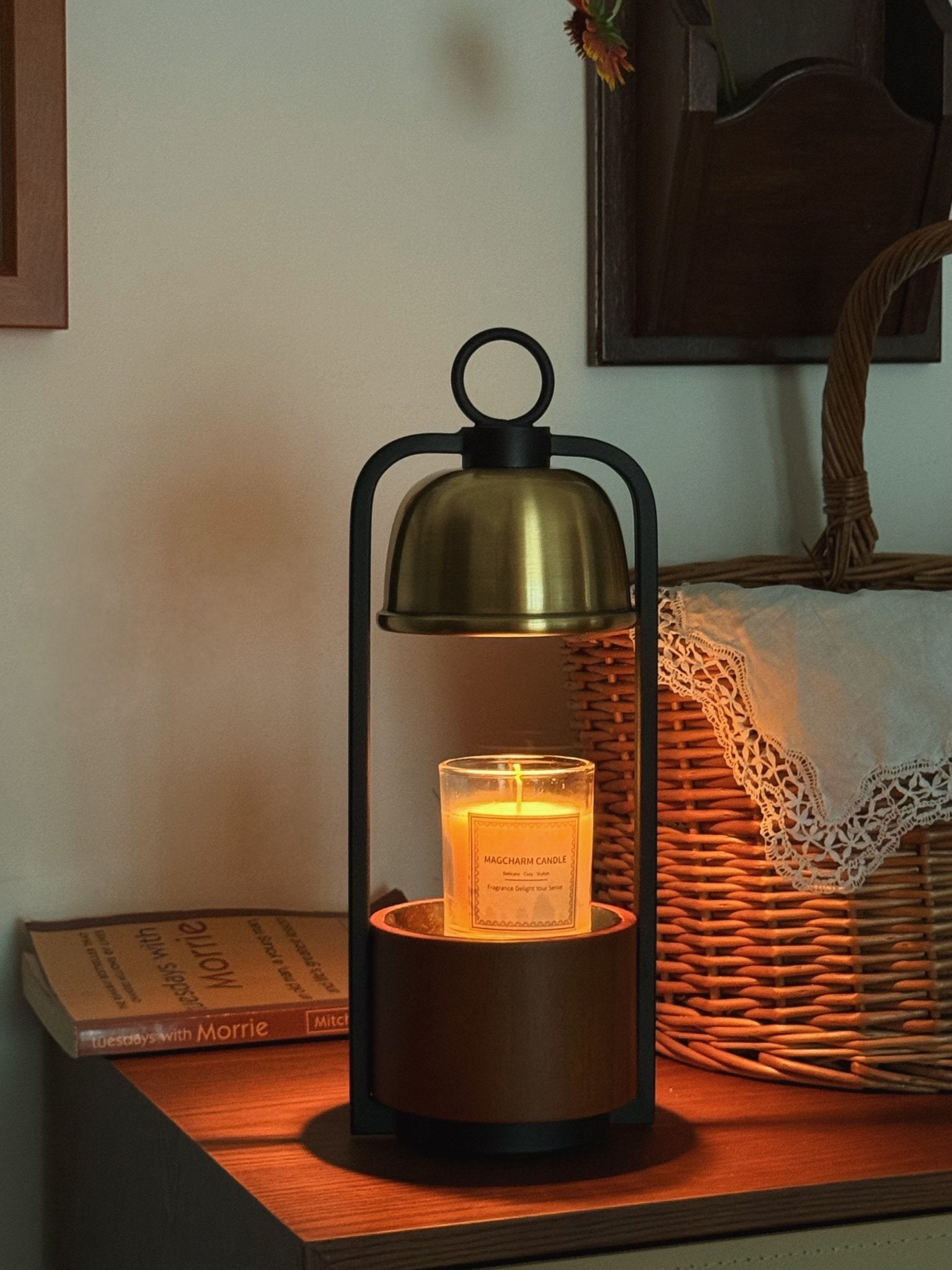 Candle Warmer Lamp | Halogen Light, Stylish Brass & Wood Design for Indoor Relaxation