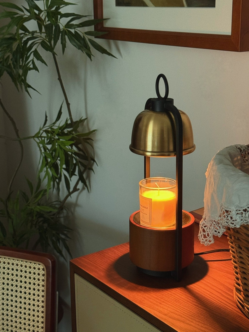 Candle Warmer Lamp | Halogen Light, Stylish Brass & Wood Design for Indoor Relaxation
