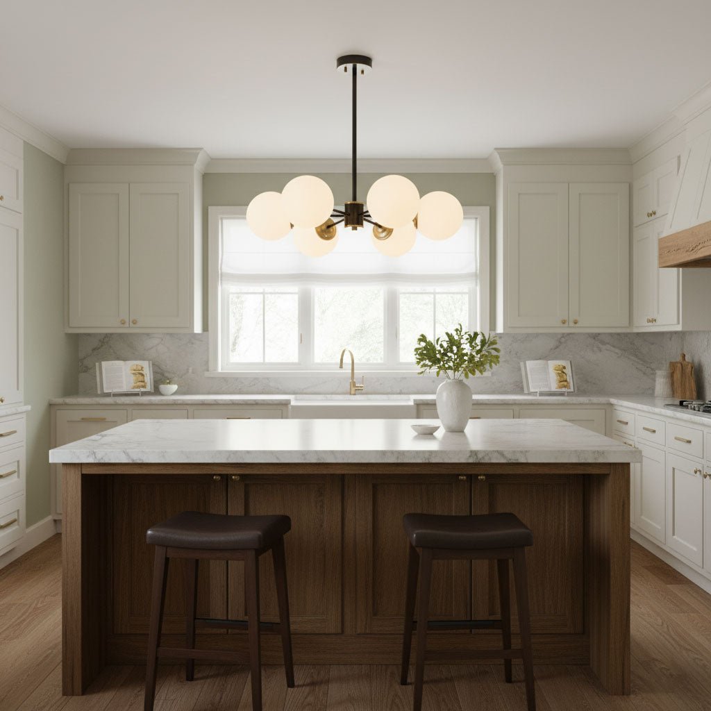 Modern Brass Orb Chandelier | Frosted Glass, 6-8 Lights & Ideal for Dining Rooms and Living Areas