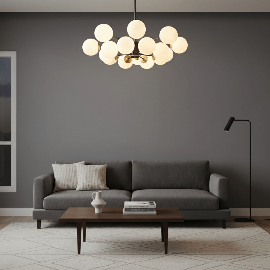Modern Brass Orb Chandelier | Frosted Glass, 6-8 Lights & Ideal for Dining Rooms and Living Areas