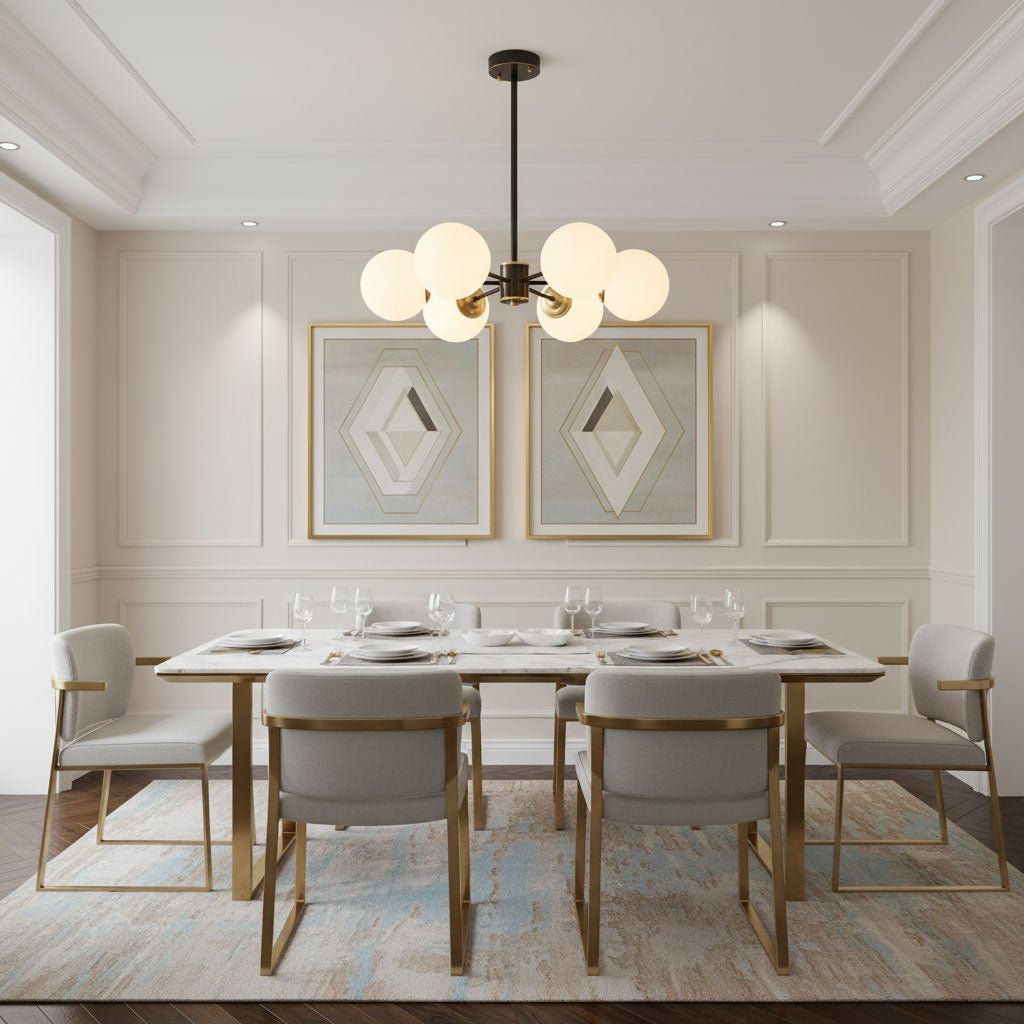 Modern Brass Orb Chandelier | Frosted Glass, 6-8 Lights & Ideal for Dining Rooms and Living Areas