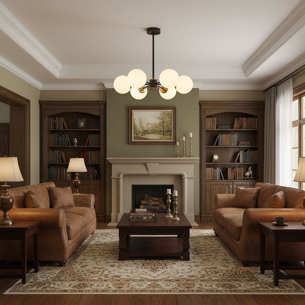 Modern Brass Orb Chandelier | Frosted Glass, 6-8 Lights & Ideal for Dining Rooms and Living Areas