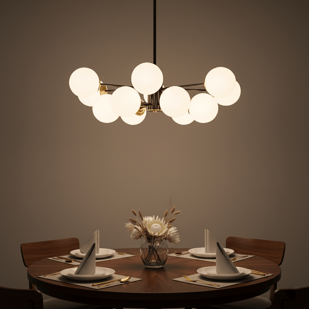 Modern Brass Orb Chandelier | Frosted Glass, 6-8 Lights & Ideal for Dining Rooms and Living Areas