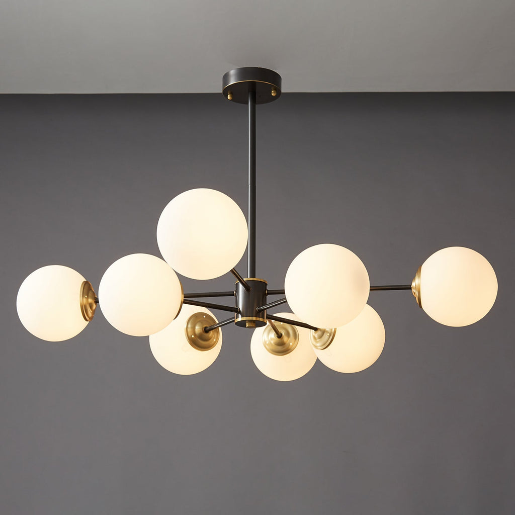 Modern Brass Orb Chandelier | Frosted Glass, 6-8 Lights & Ideal for Dining Rooms and Living Areas