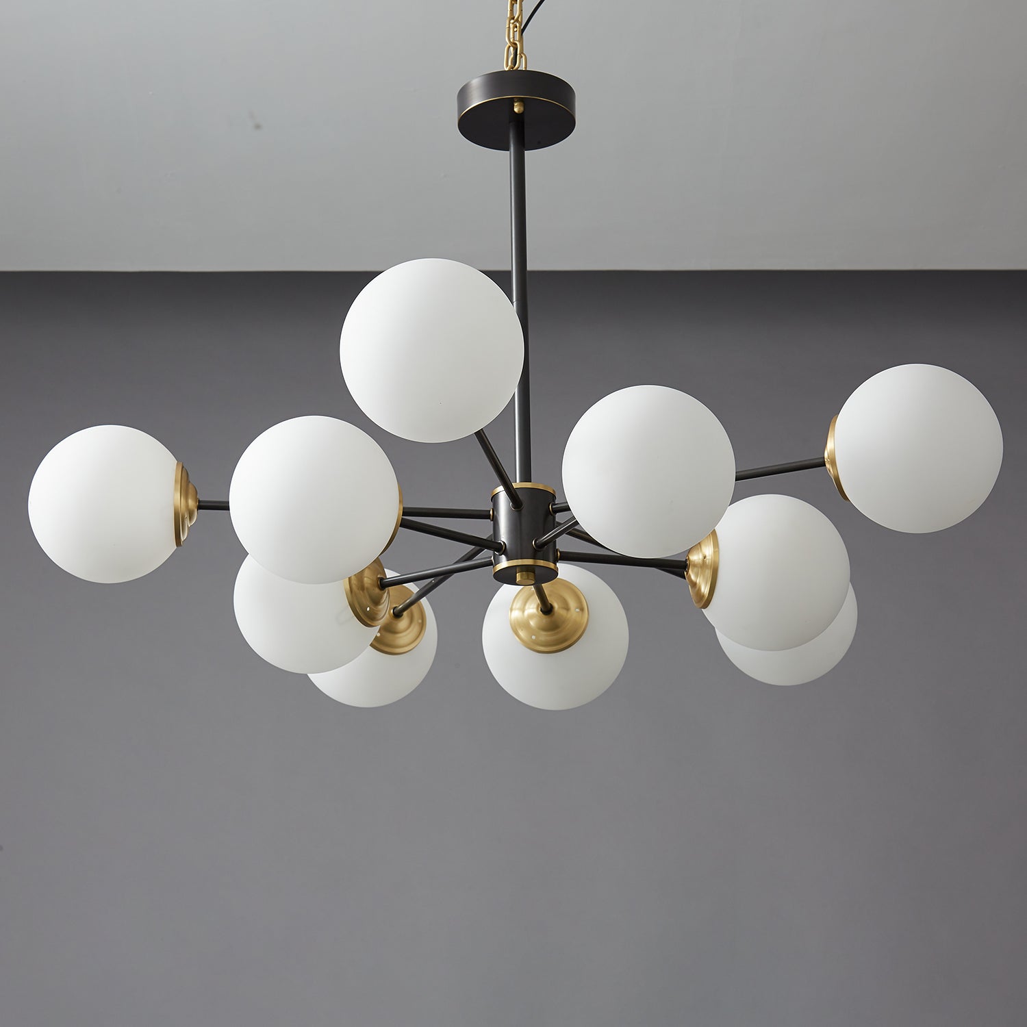 Modern Brass Orb Chandelier | Frosted Glass, 6-8 Lights & Ideal for Dining Rooms and Living Areas