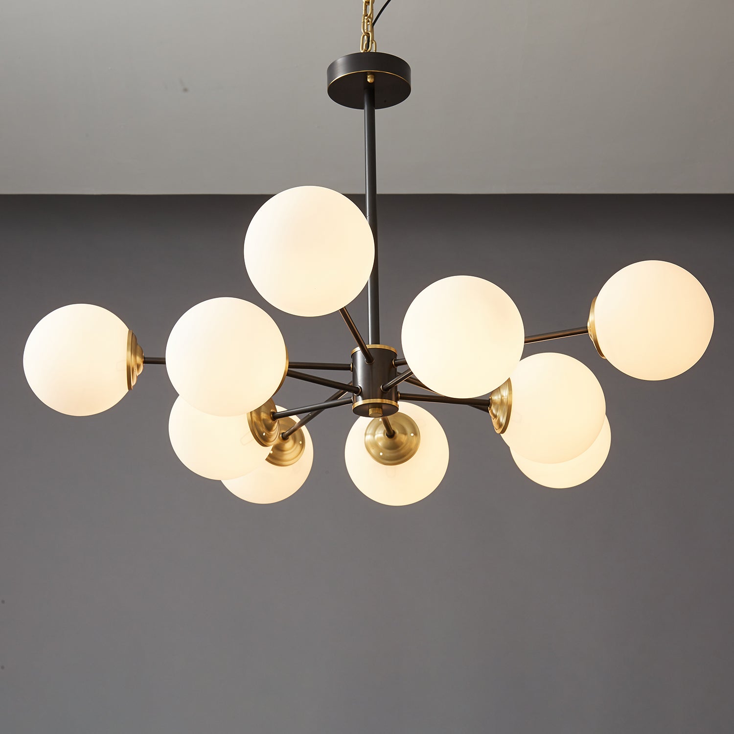 Modern Brass Orb Chandelier | Frosted Glass, 6-8 Lights & Ideal for Dining Rooms and Living Areas