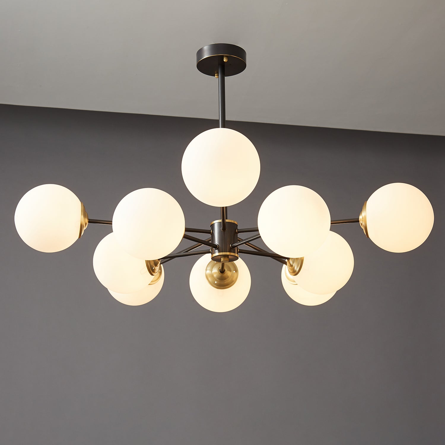 Modern Brass Orb Chandelier | Frosted Glass, 6-8 Lights & Ideal for Dining Rooms and Living Areas