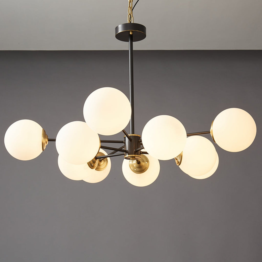 Modern Brass Orb Chandelier | Frosted Glass, 6-8 Lights & Ideal for Dining Rooms and Living Areas