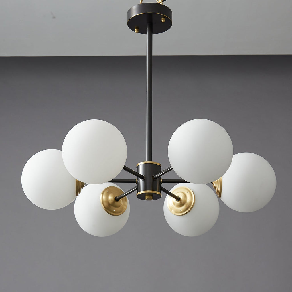 Modern Brass Orb Chandelier | Frosted Glass, 6-8 Lights & Ideal for Dining Rooms and Living Areas