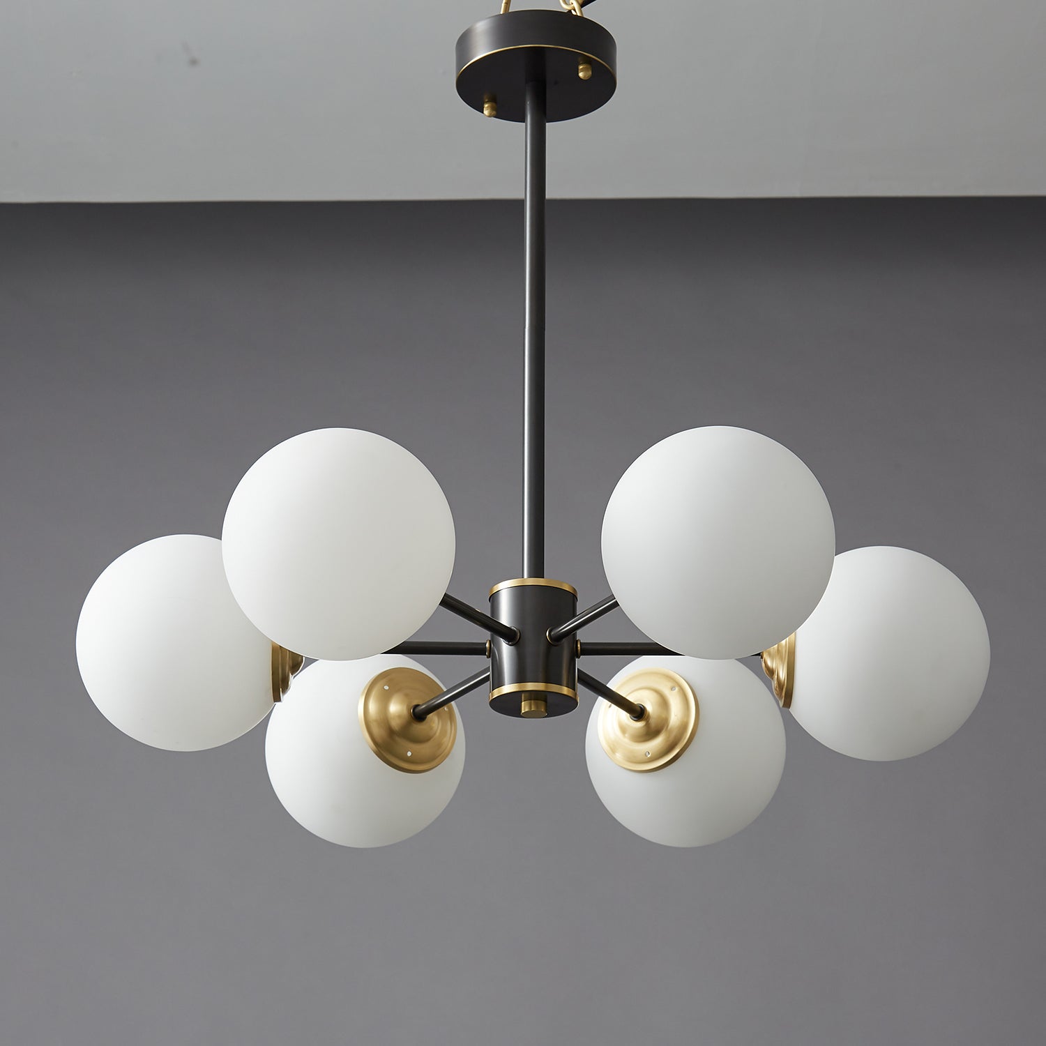 Modern Brass Orb Chandelier | Frosted Glass, 6-8 Lights & Ideal for Dining Rooms and Living Areas