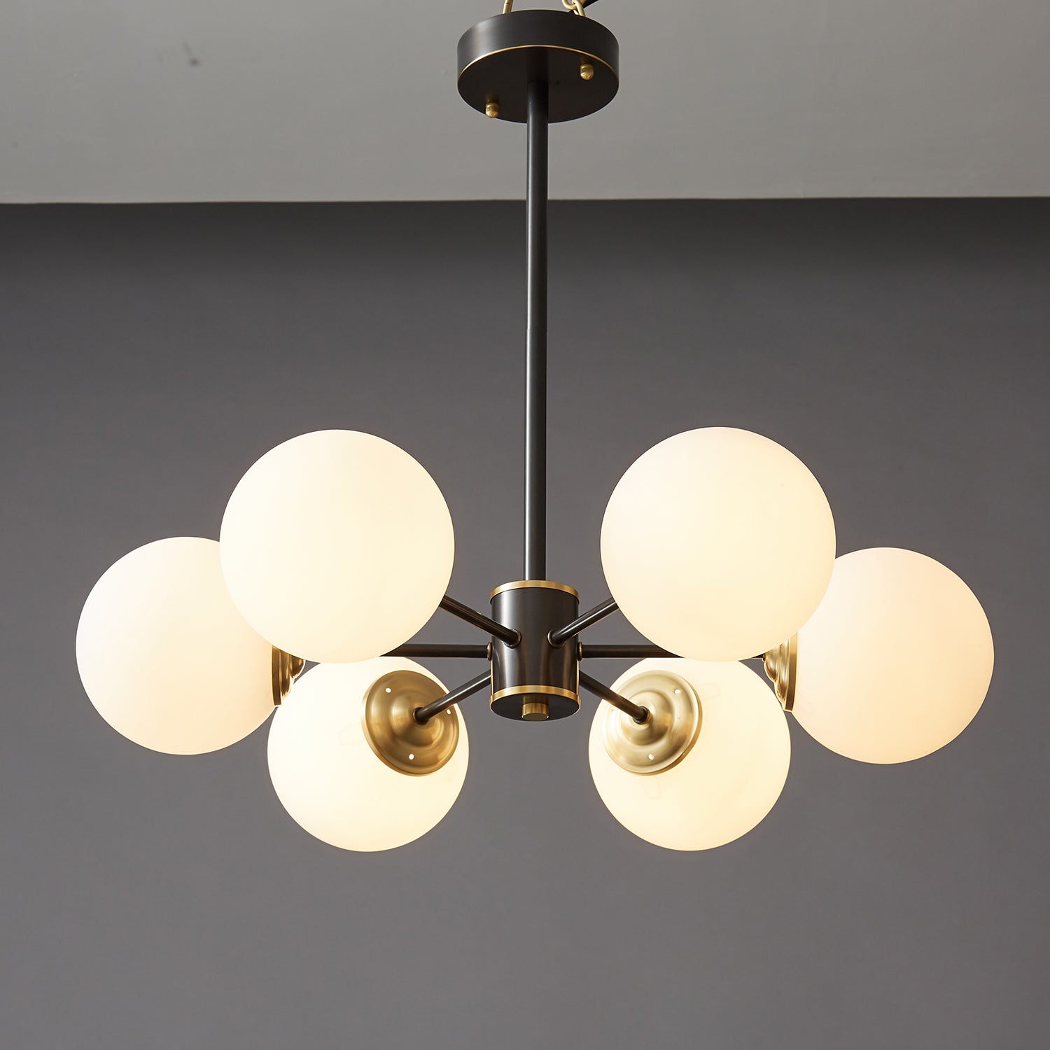 Modern Brass Orb Chandelier | Frosted Glass, 6-8 Lights & Ideal for Dining Rooms and Living Areas