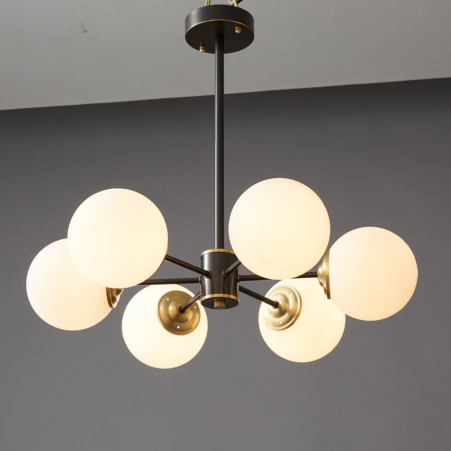 Modern Brass Orb Chandelier | Frosted Glass, 6-8 Lights & Ideal for Dining Rooms and Living Areas