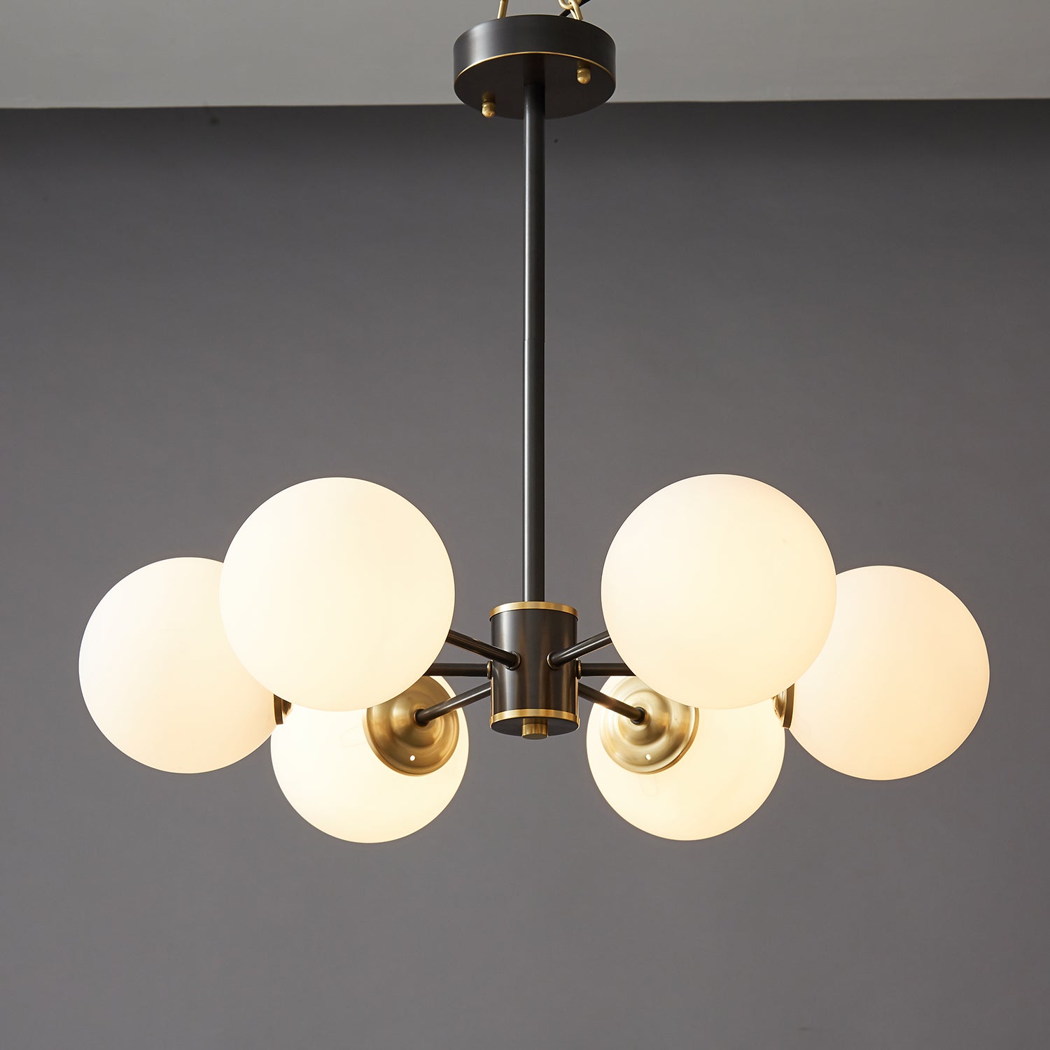 Modern Brass Orb Chandelier | Frosted Glass, 6-8 Lights & Ideal for Dining Rooms and Living Areas