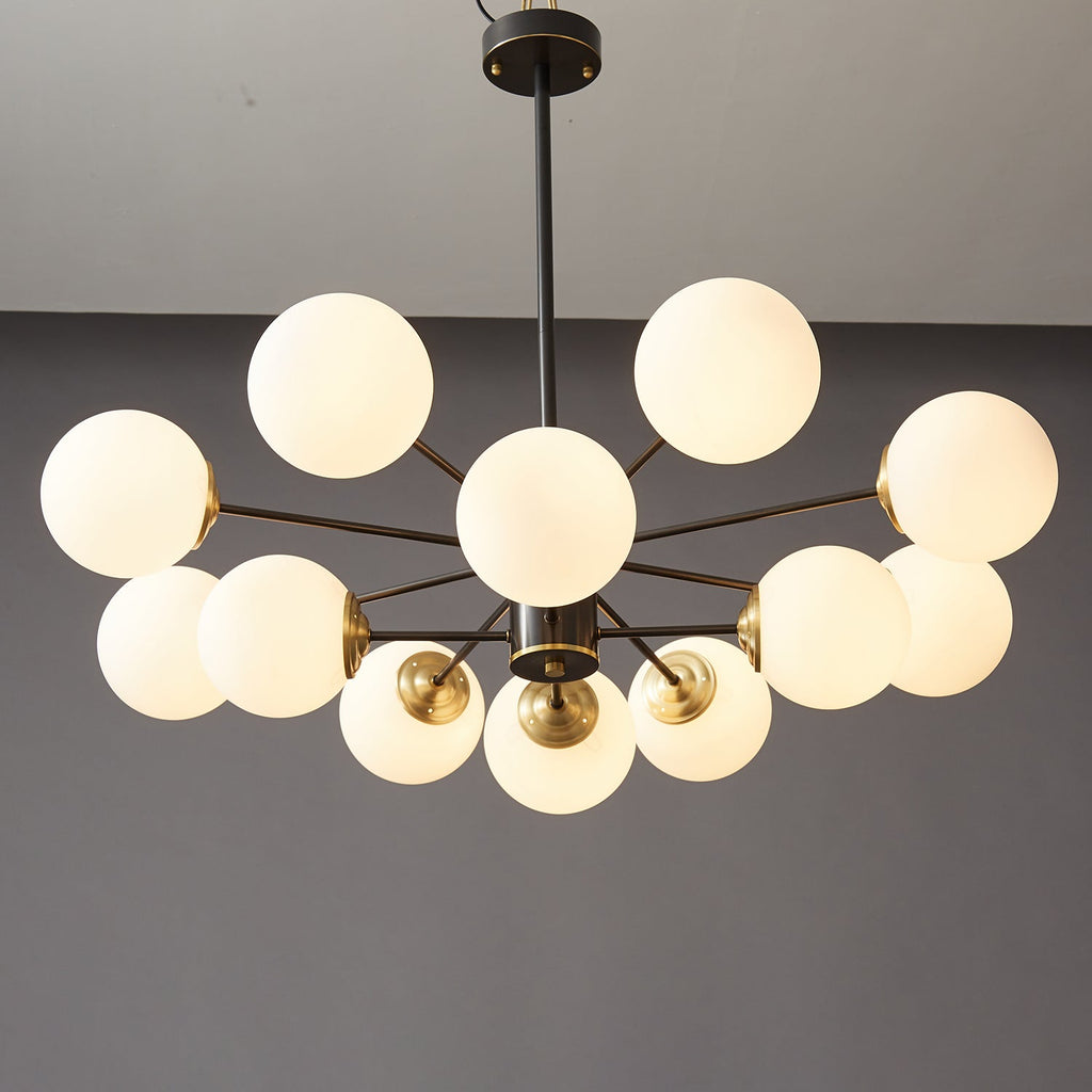 Modern Brass Orb Chandelier | Frosted Glass, 6-8 Lights & Ideal for Dining Rooms and Living Areas