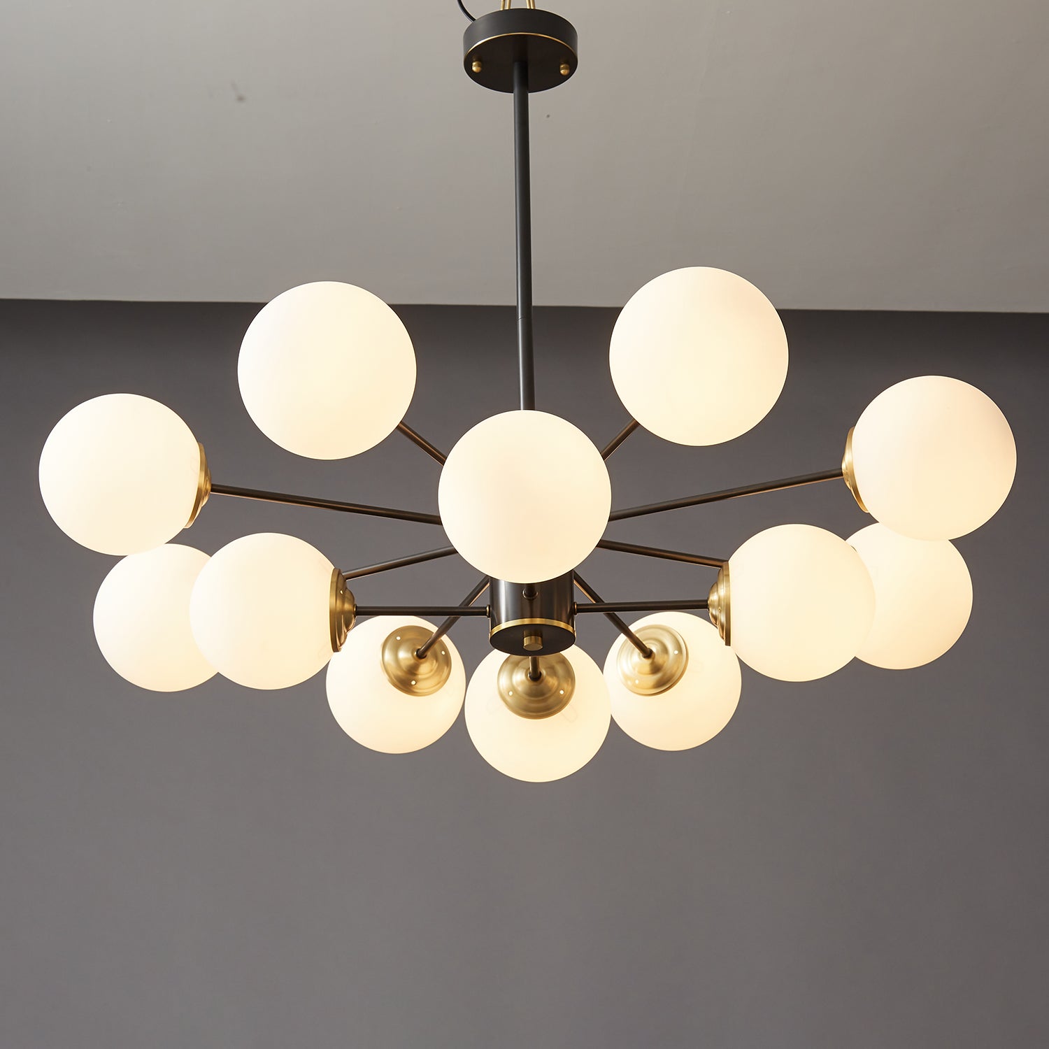 Modern Brass Orb Chandelier | Frosted Glass, 6-8 Lights & Ideal for Dining Rooms and Living Areas