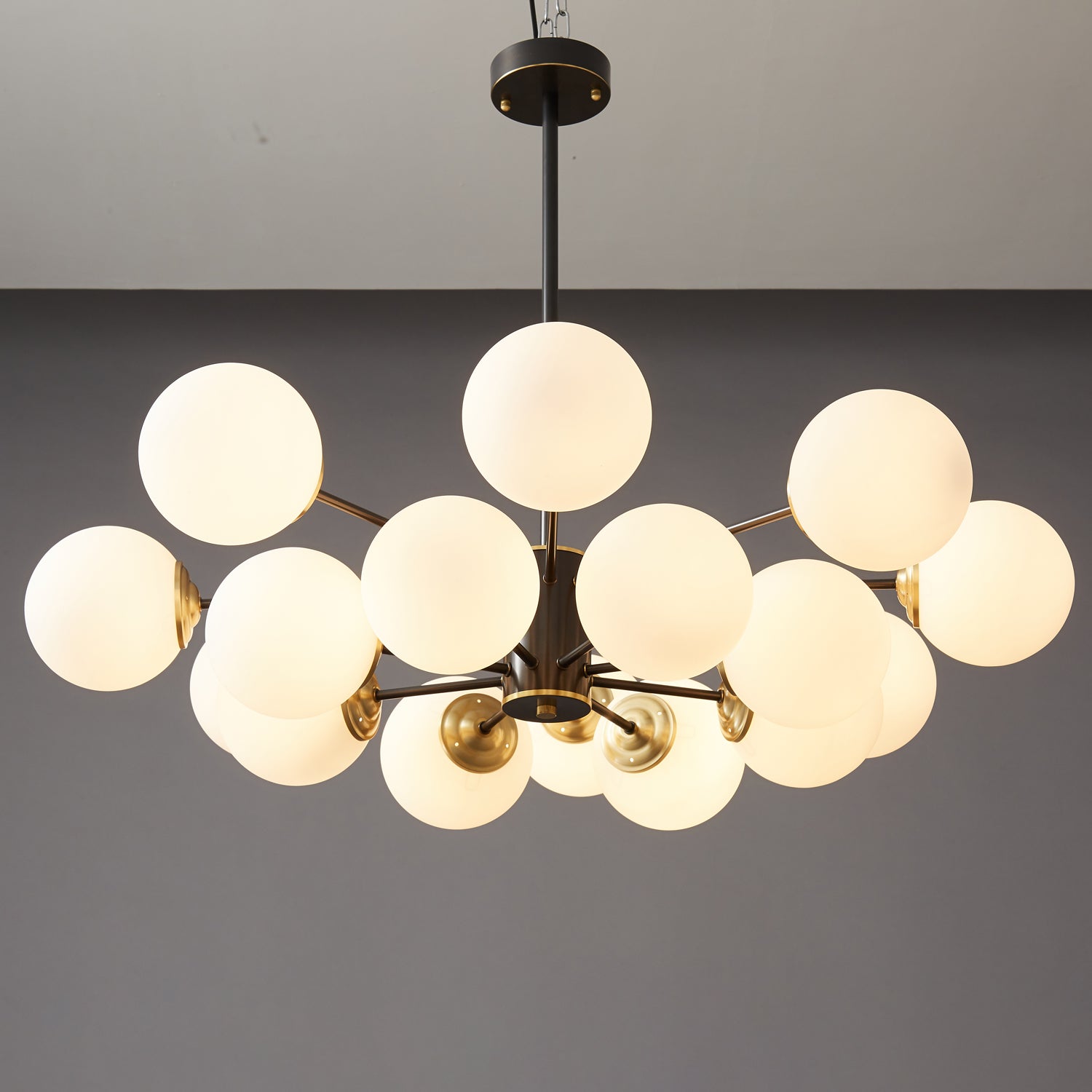 Modern Brass Orb Chandelier | Frosted Glass, 6-8 Lights & Ideal for Dining Rooms and Living Areas