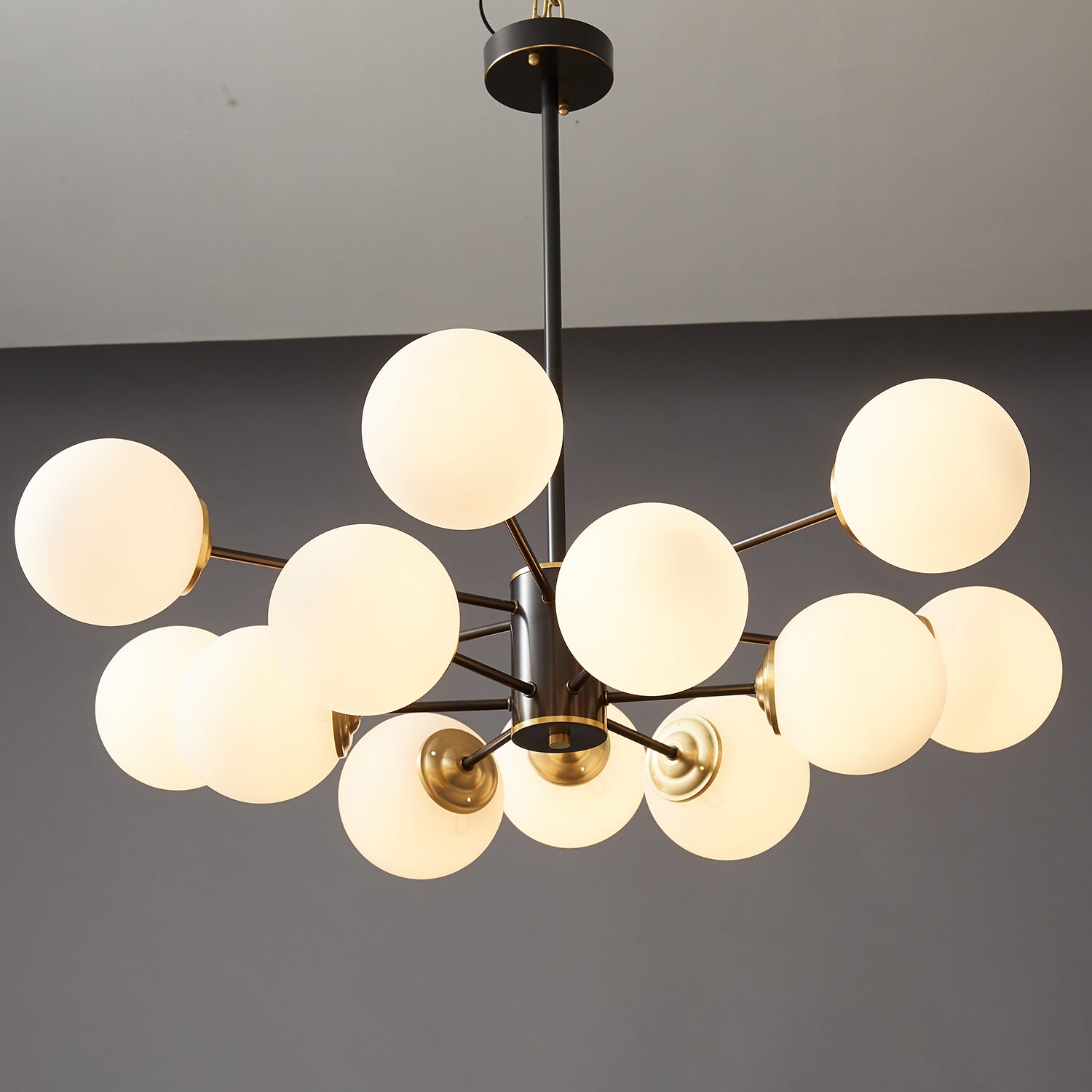 Modern Brass Orb Chandelier | Frosted Glass, 6-8 Lights & Ideal for Dining Rooms and Living Areas