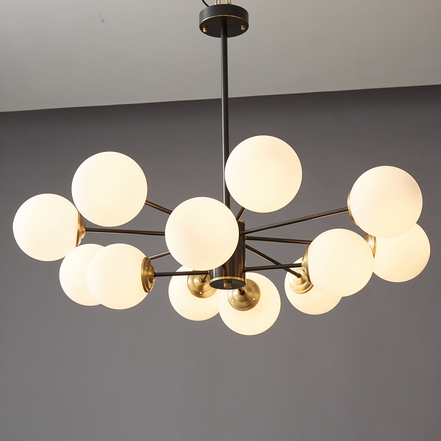 Modern Brass Orb Chandelier | Frosted Glass, 6-8 Lights & Ideal for Dining Rooms and Living Areas