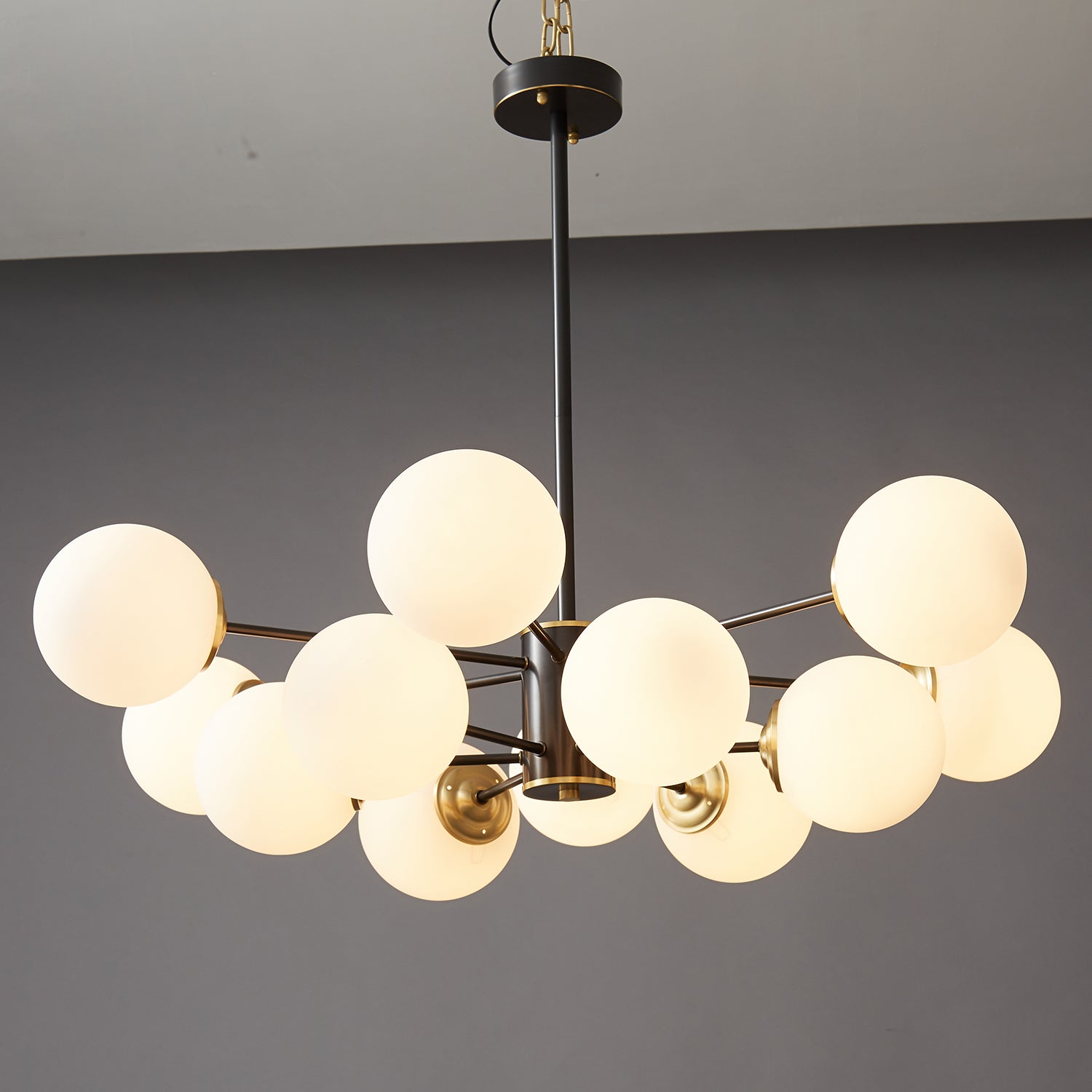 Modern Brass Orb Chandelier | Frosted Glass, 6-8 Lights & Ideal for Dining Rooms and Living Areas