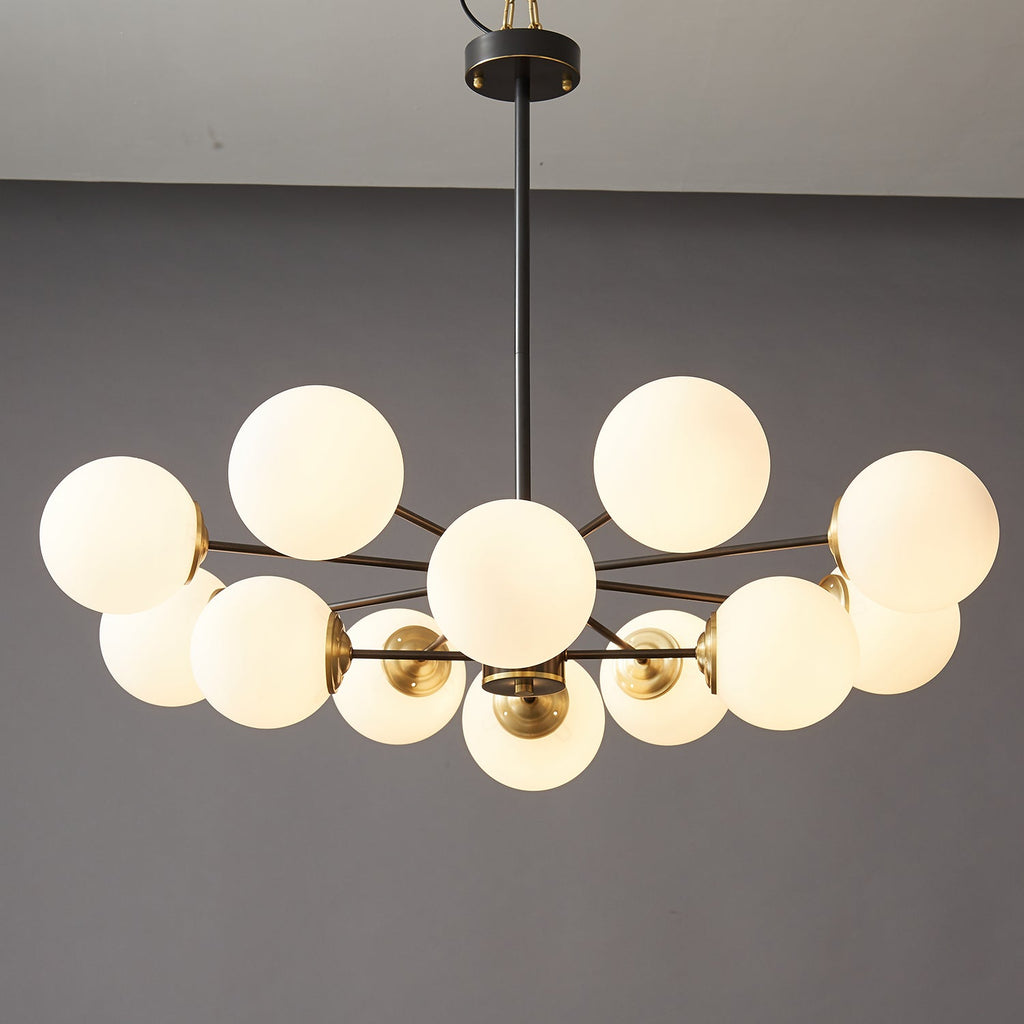 Modern Brass Orb Chandelier | Frosted Glass, 6-8 Lights & Ideal for Dining Rooms and Living Areas