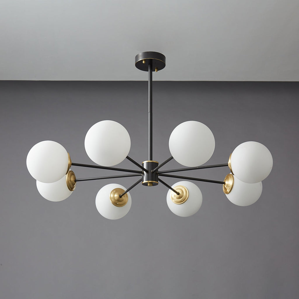 Modern Brass Orb Chandelier | Frosted Glass, 6-8 Lights & Ideal for Dining Rooms and Living Areas