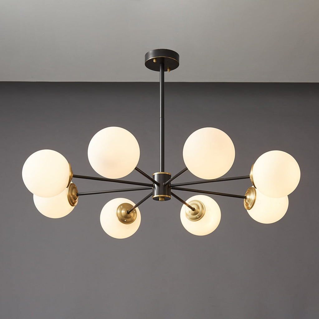 Modern Brass Orb Chandelier | Frosted Glass, 6-8 Lights & Ideal for Dining Rooms and Living Areas
