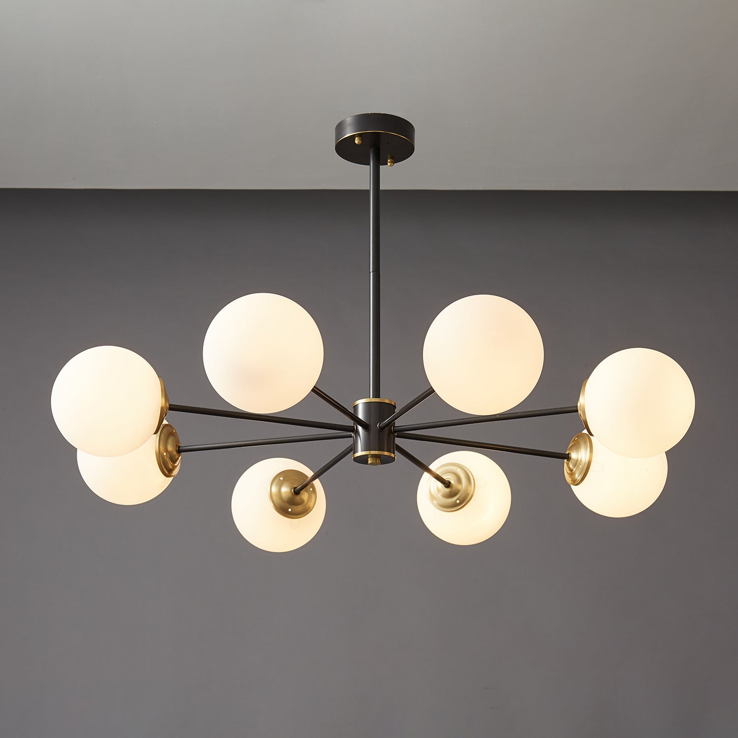 Modern Brass Orb Chandelier | Frosted Glass, 6-8 Lights & Ideal for Dining Rooms and Living Areas