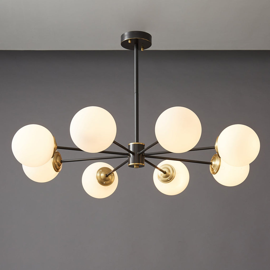 Modern Brass Orb Chandelier | Frosted Glass, 6-8 Lights & Ideal for Dining Rooms and Living Areas