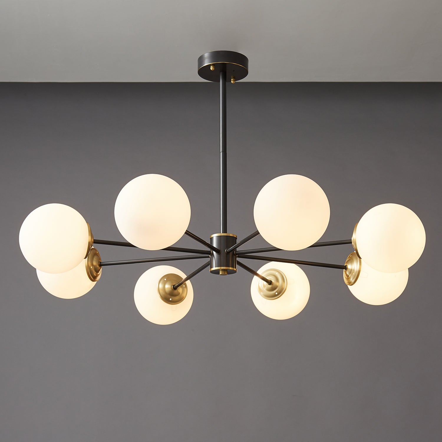 Modern Brass Orb Chandelier | Frosted Glass, 6-8 Lights & Ideal for Dining Rooms and Living Areas