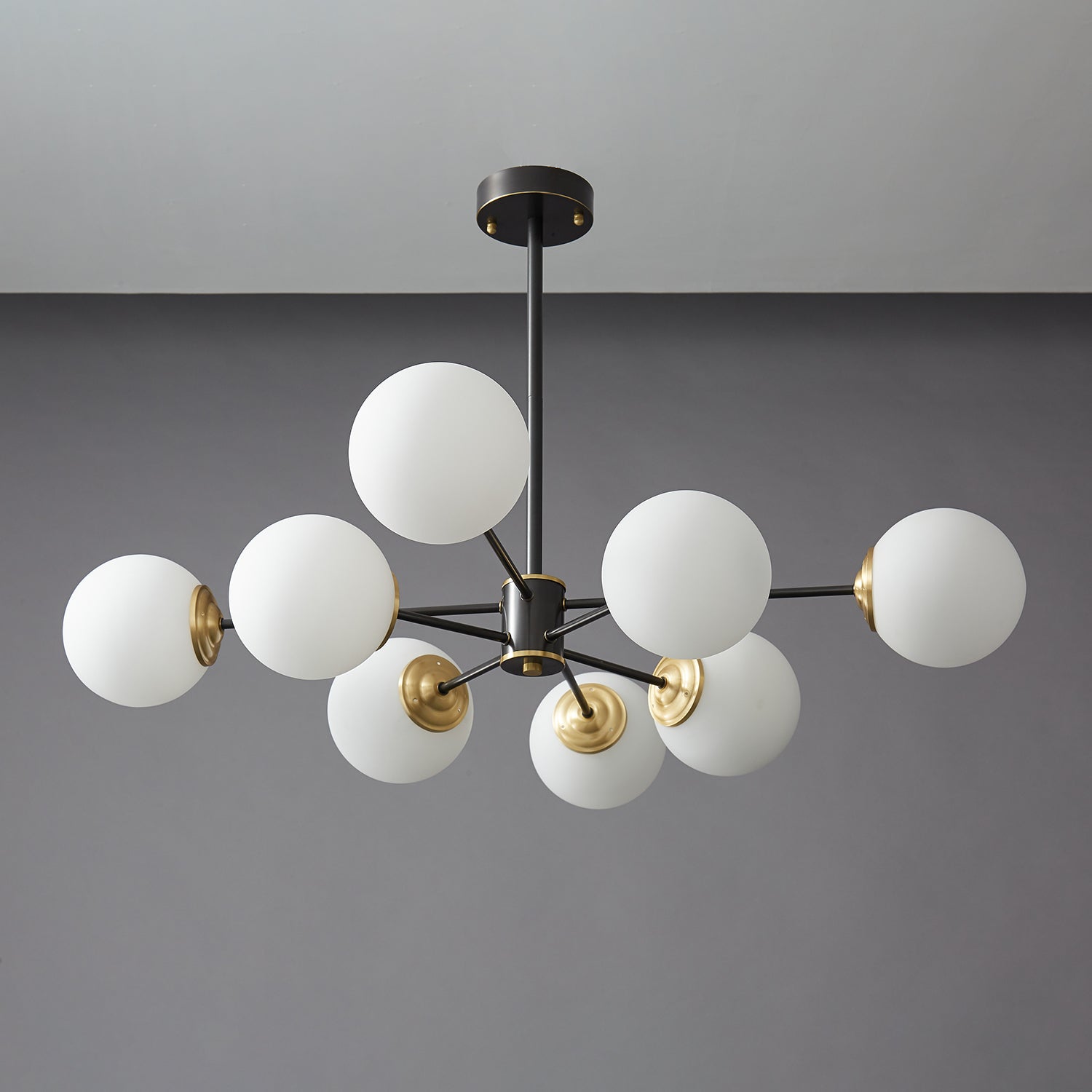 Modern Brass Orb Chandelier | Frosted Glass, 6-8 Lights & Ideal for Dining Rooms and Living Areas