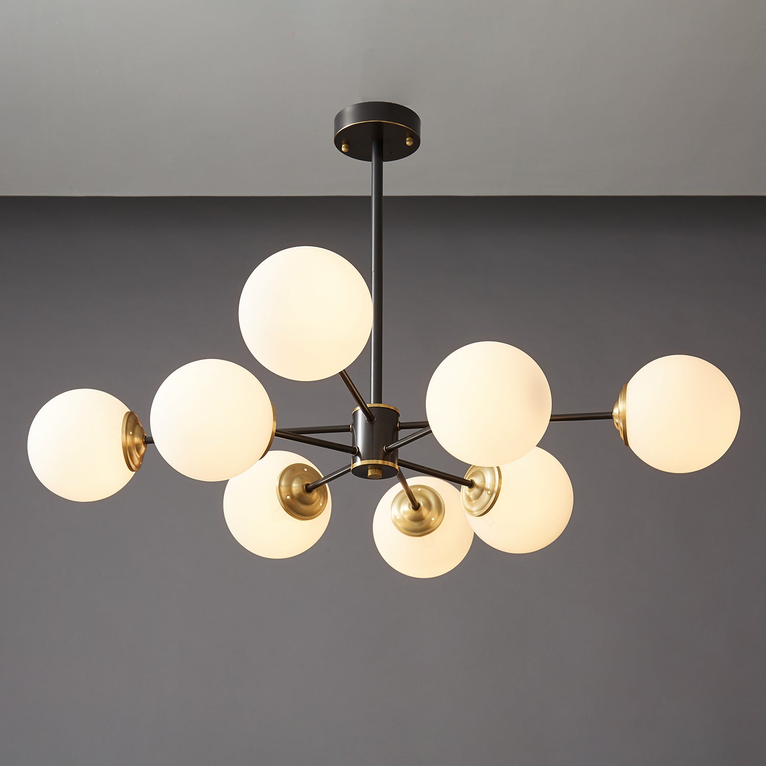 Modern Brass Orb Chandelier | Frosted Glass, 6-8 Lights & Ideal for Dining Rooms and Living Areas