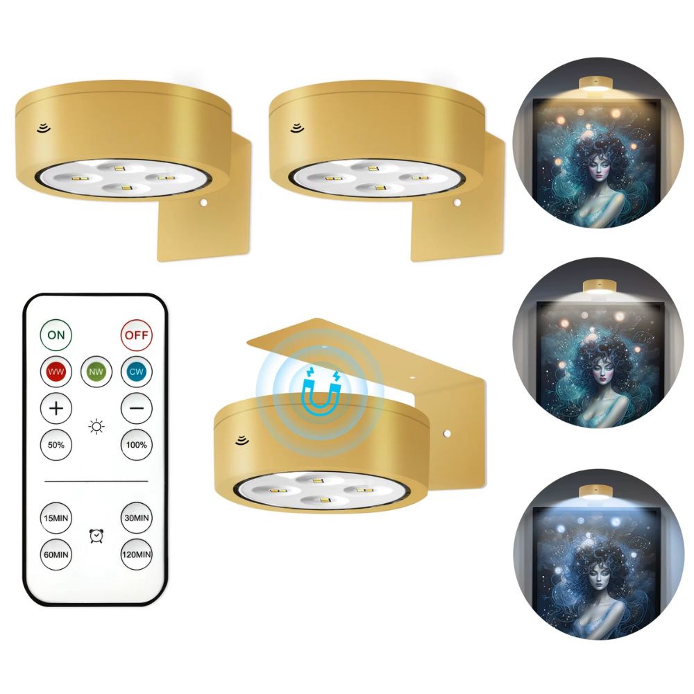 Wireless LED Lighting Trio – Adjustable 80 Lumen Art & Accent Lights with Remote Control, 3 Color Temperatures