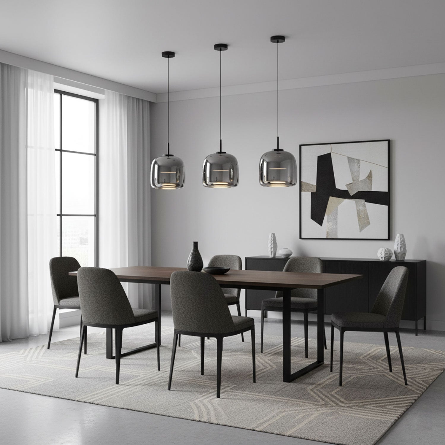 Glass Pendant Lamp | Hand-Blown Smoked Dome with Metal Accents for Modern Home Decor