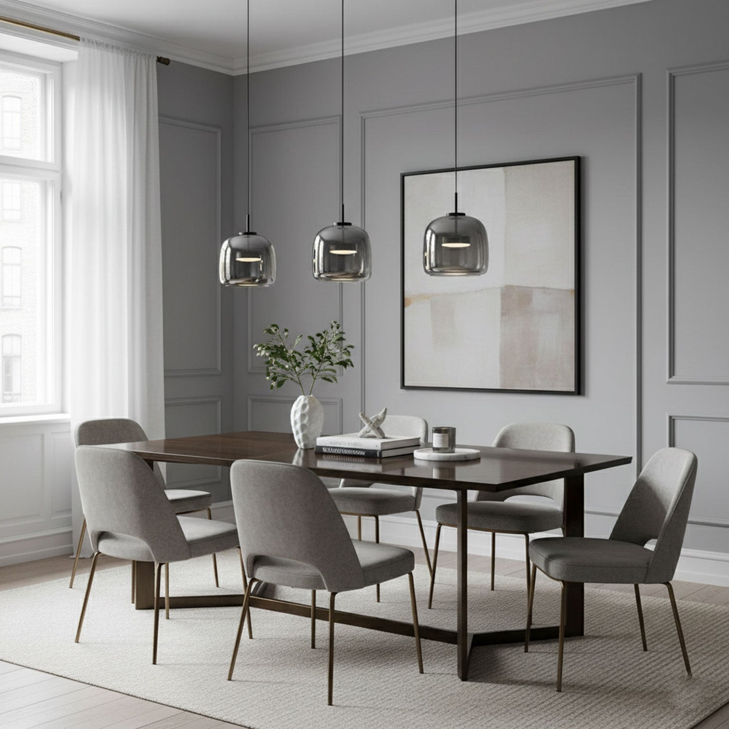 Glass Pendant Lamp | Hand-Blown Smoked Dome with Metal Accents for Modern Home Decor