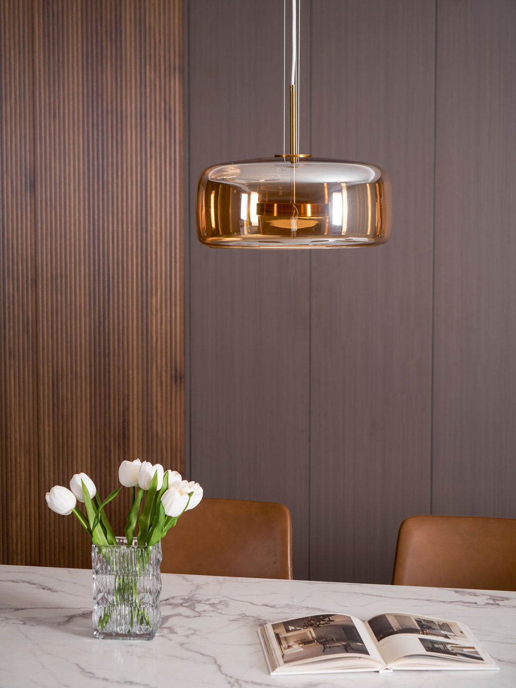 Glass Pendant Lamp | Hand-Blown Smoked Dome with Metal Accents for Modern Home Decor