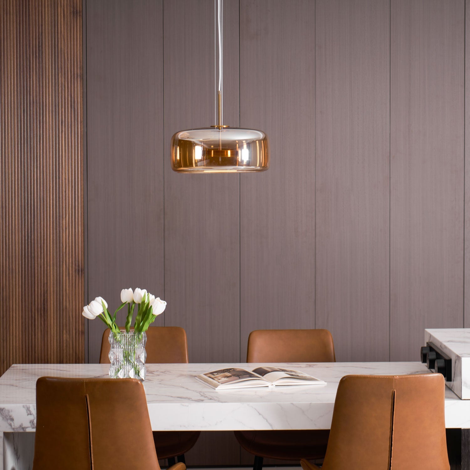 Glass Pendant Lamp | Hand-Blown Smoked Dome with Metal Accents for Modern Home Decor
