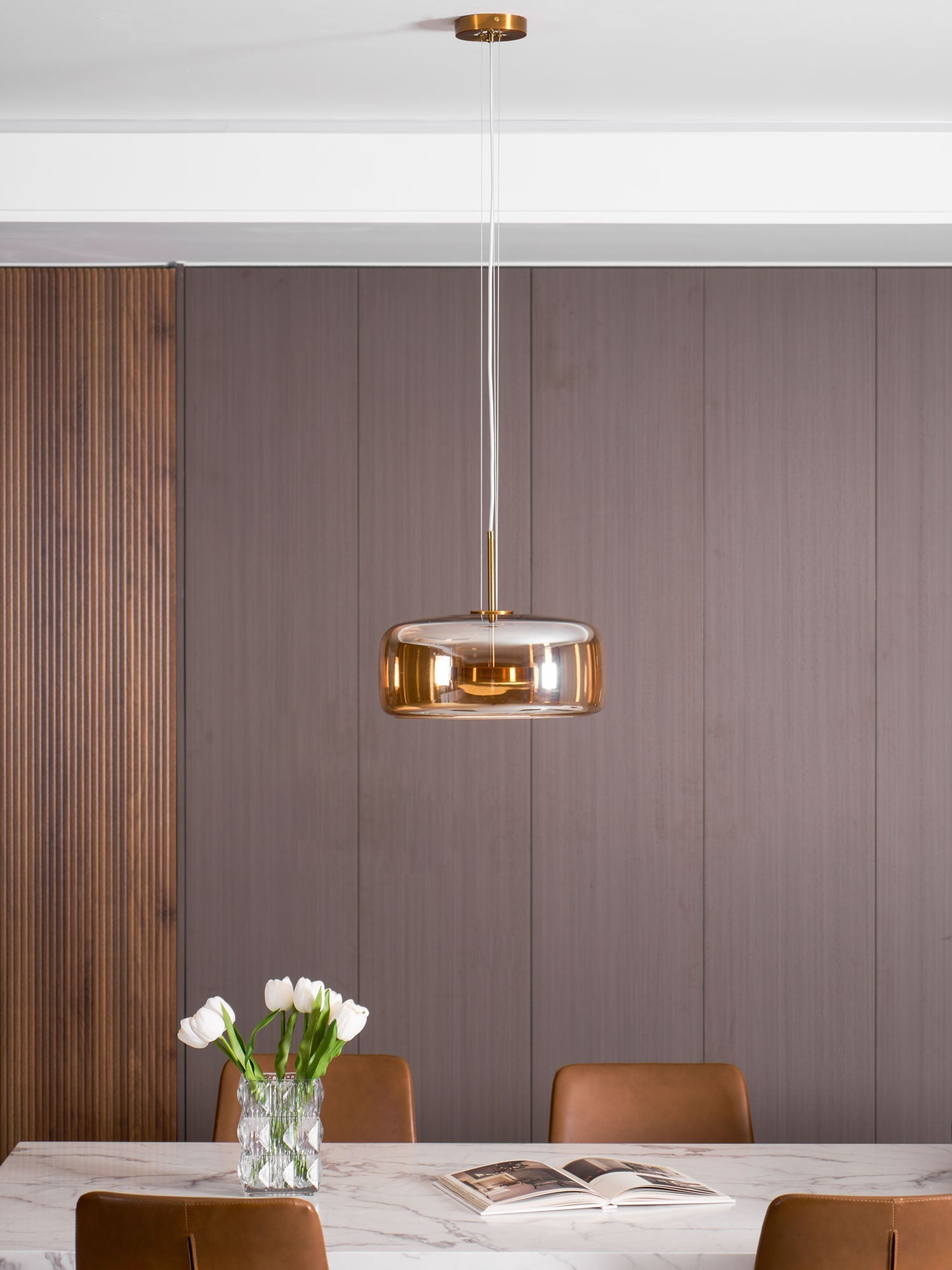 Glass Pendant Lamp | Hand-Blown Smoked Dome with Metal Accents for Modern Home Decor