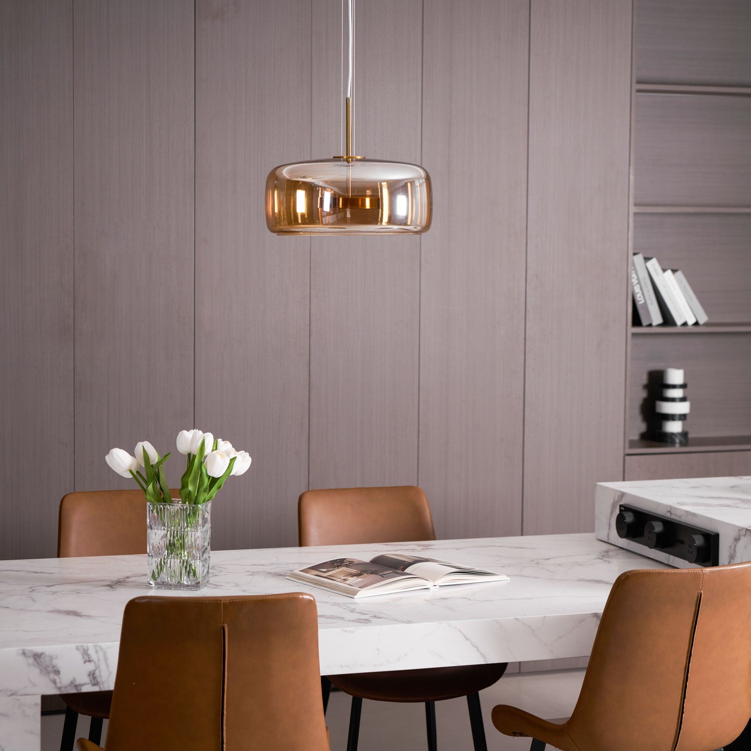 Glass Pendant Lamp | Hand-Blown Smoked Dome with Metal Accents for Modern Home Decor
