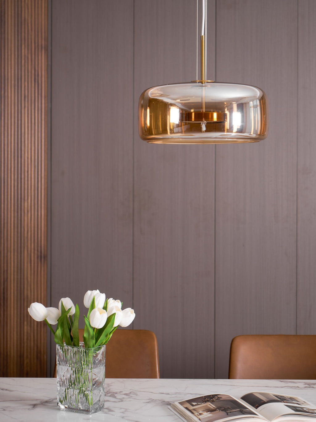 Glass Pendant Lamp | Hand-Blown Smoked Dome with Metal Accents for Modern Home Decor