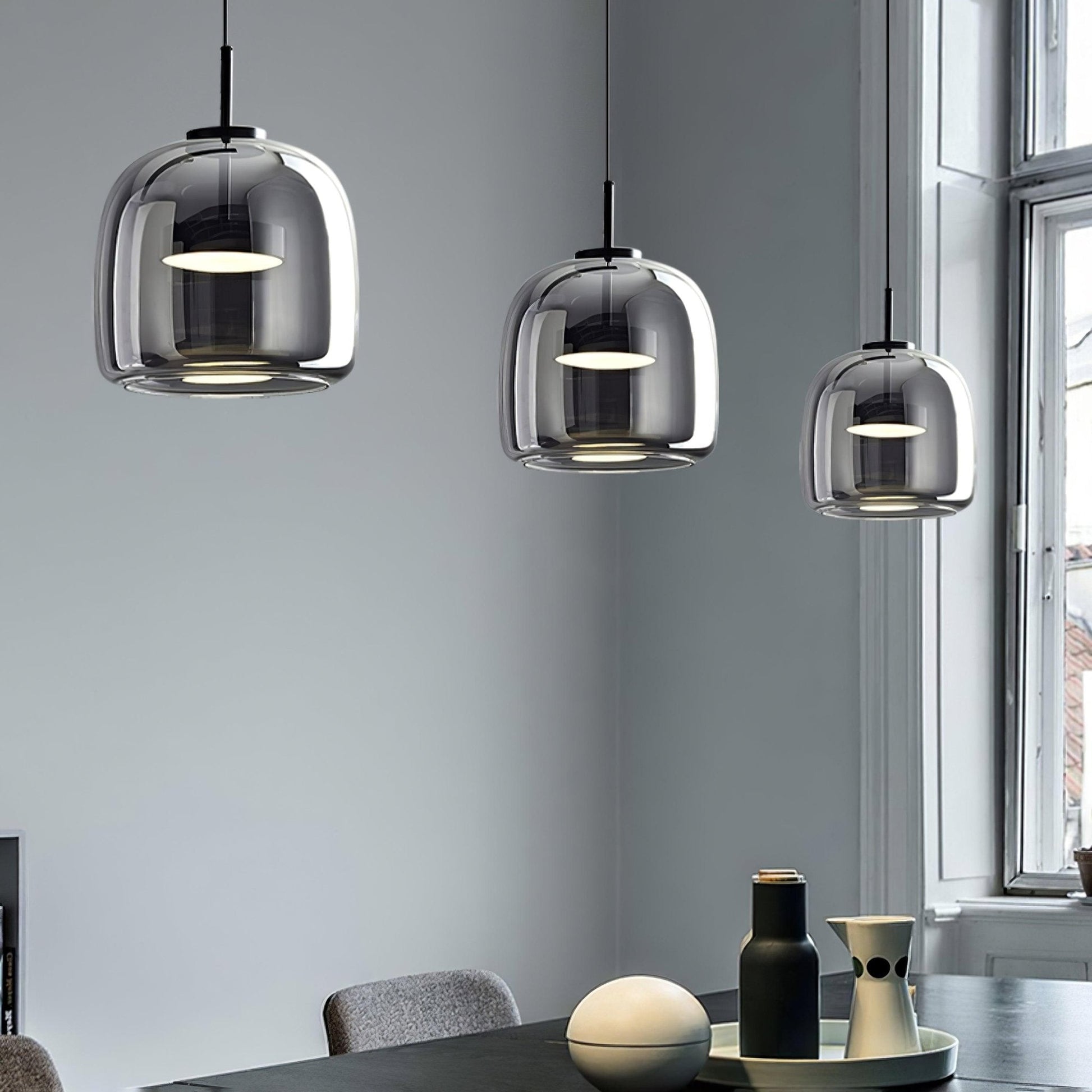 Glass Pendant Lamp | Hand-Blown Smoked Dome with Metal Accents for Modern Home Decor
