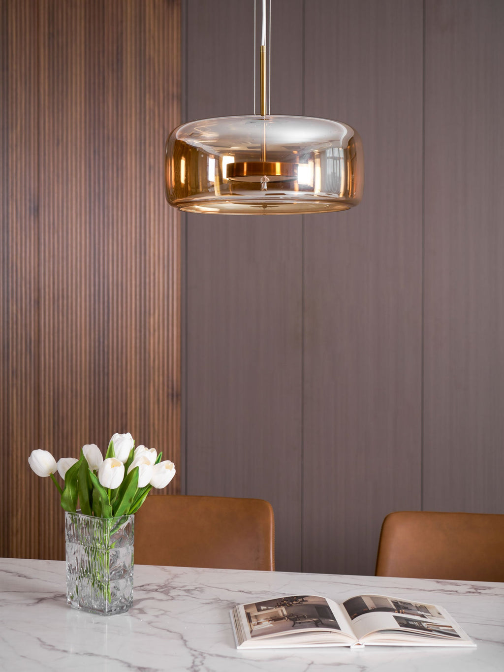 Glass Pendant Lamp | Hand-Blown Smoked Dome with Metal Accents for Modern Home Decor