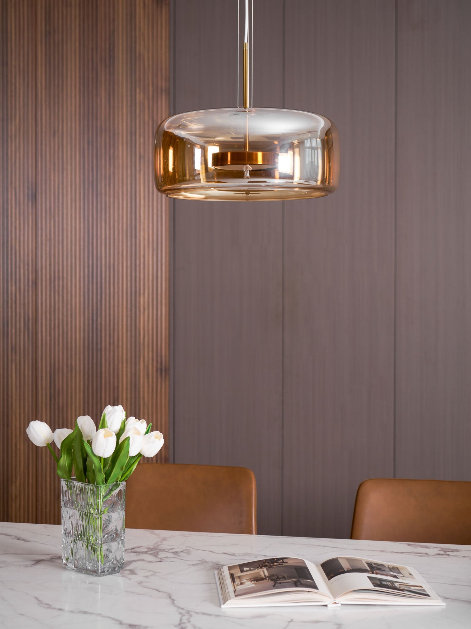 Glass Pendant Lamp | Hand-Blown Smoked Dome with Metal Accents for Modern Home Decor