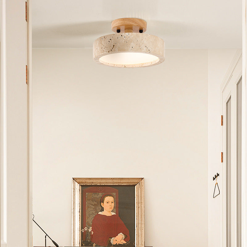 Round Yellow Travertine Ceiling Light Fixture for Ambient Lighting in Living Room, Entryway & Bedroom