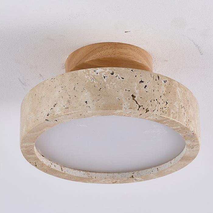 Round Yellow Travertine Ceiling Light Fixture for Ambient Lighting in Living Room, Entryway & Bedroom