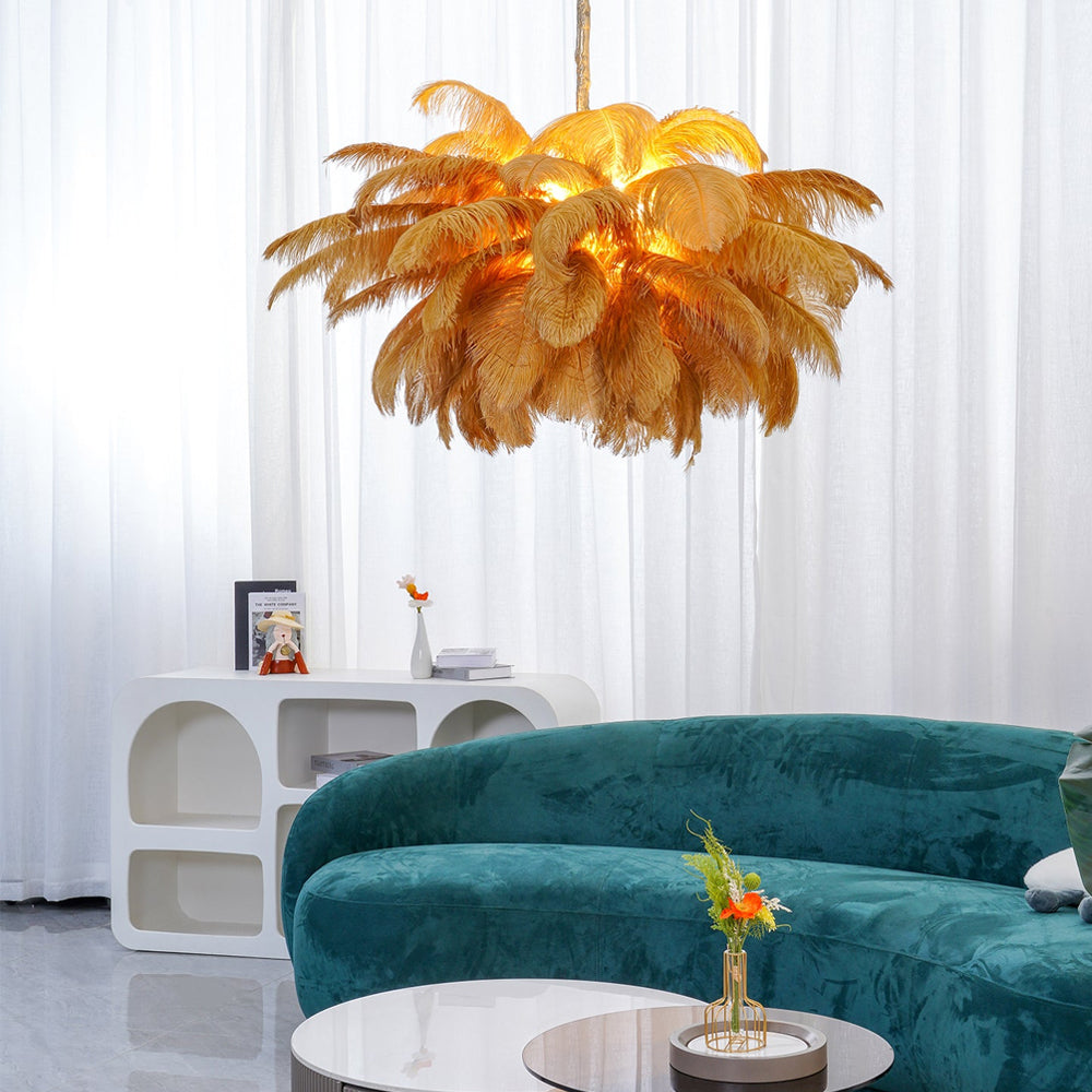 Extra Large Ostrich Feather Chandelier | Opulent Brass Base & Ideal for Luxury Indoor Spaces