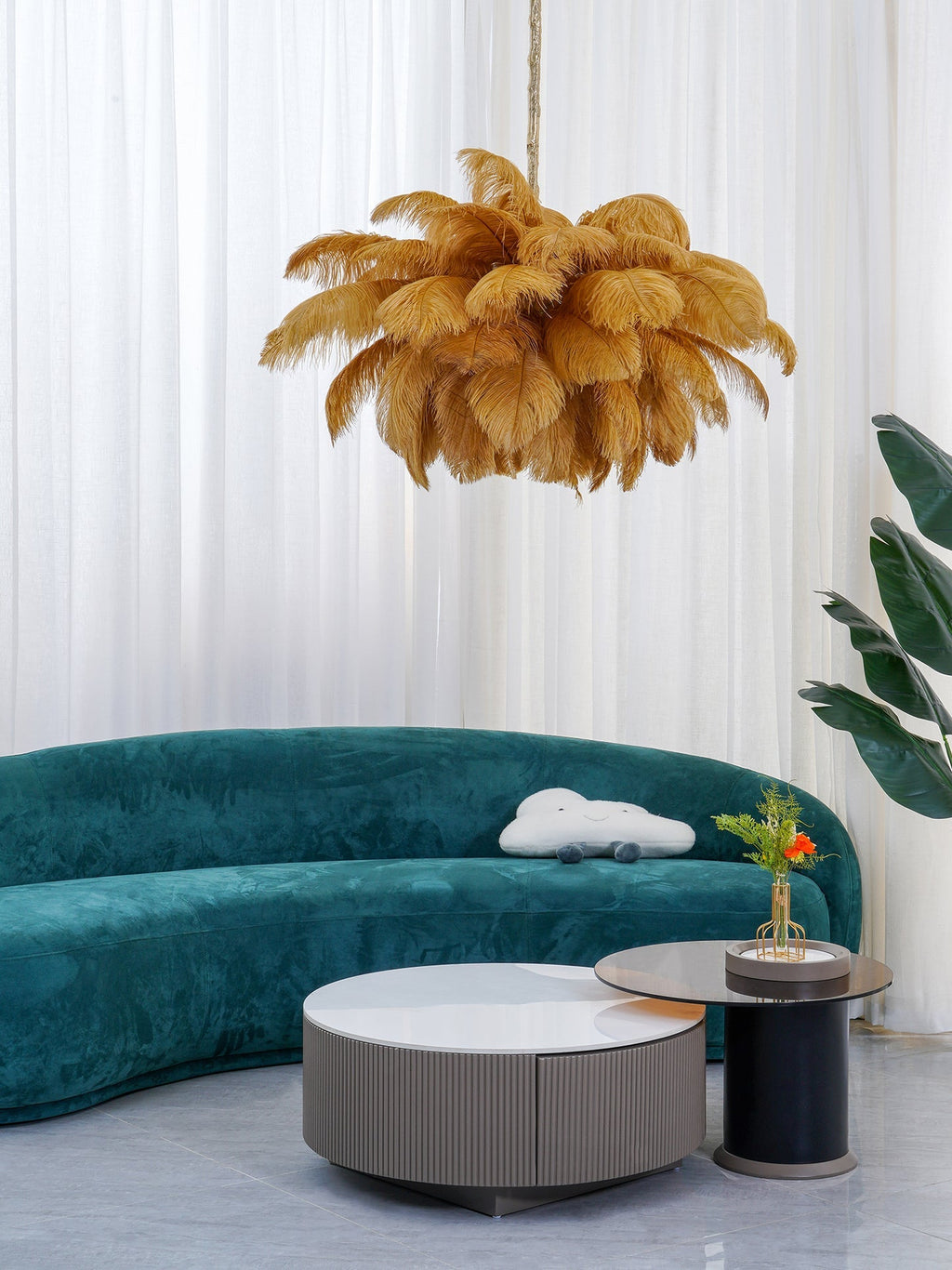 Extra Large Ostrich Feather Chandelier | Opulent Brass Base & Ideal for Luxury Indoor Spaces
