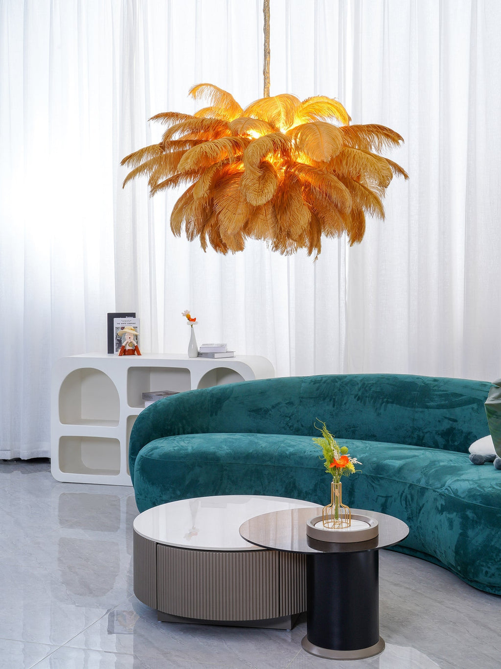 Extra Large Ostrich Feather Chandelier | Opulent Brass Base & Ideal for Luxury Indoor Spaces