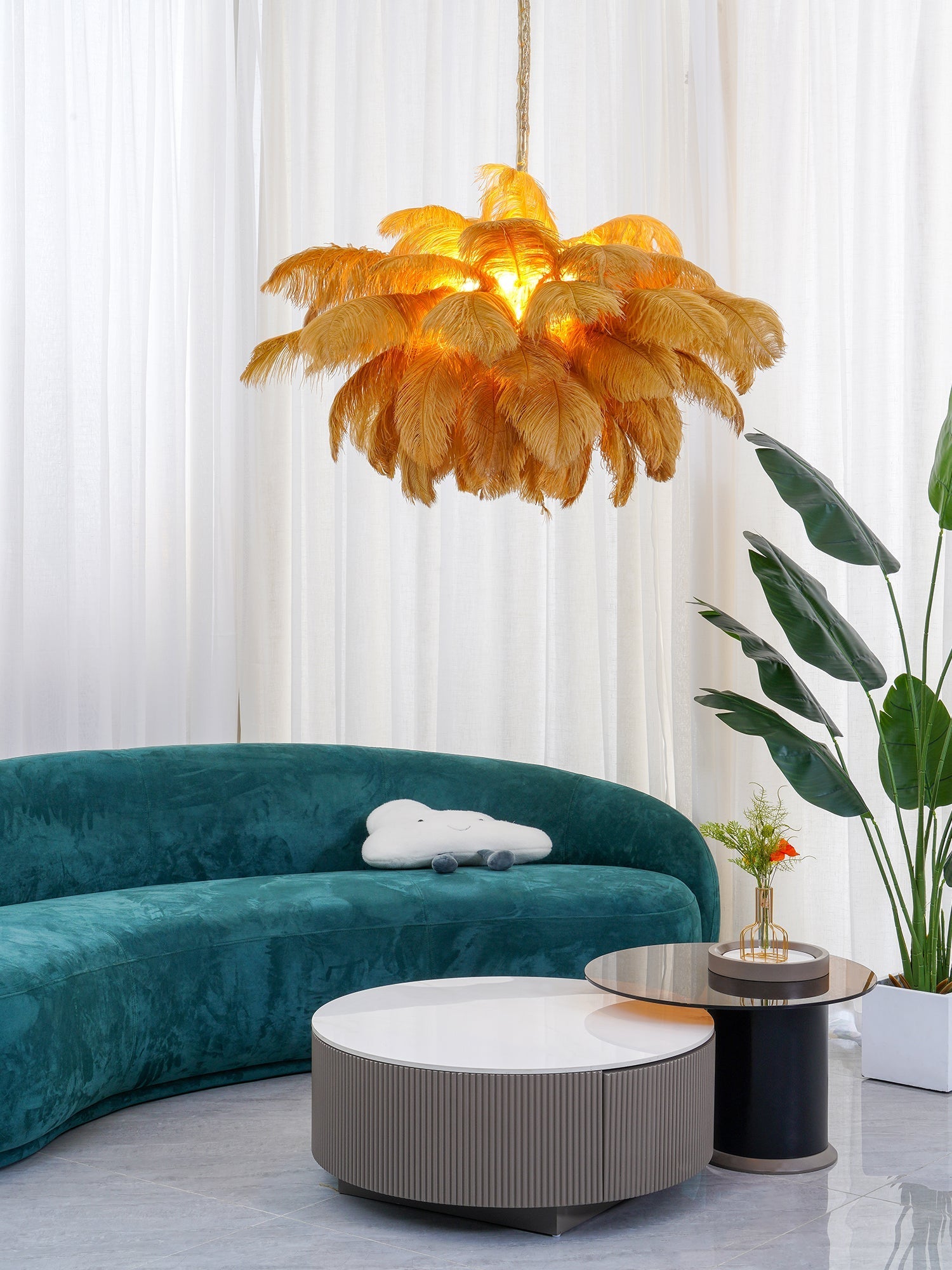 Extra Large Ostrich Feather Chandelier | Opulent Brass Base & Ideal for Luxury Indoor Spaces