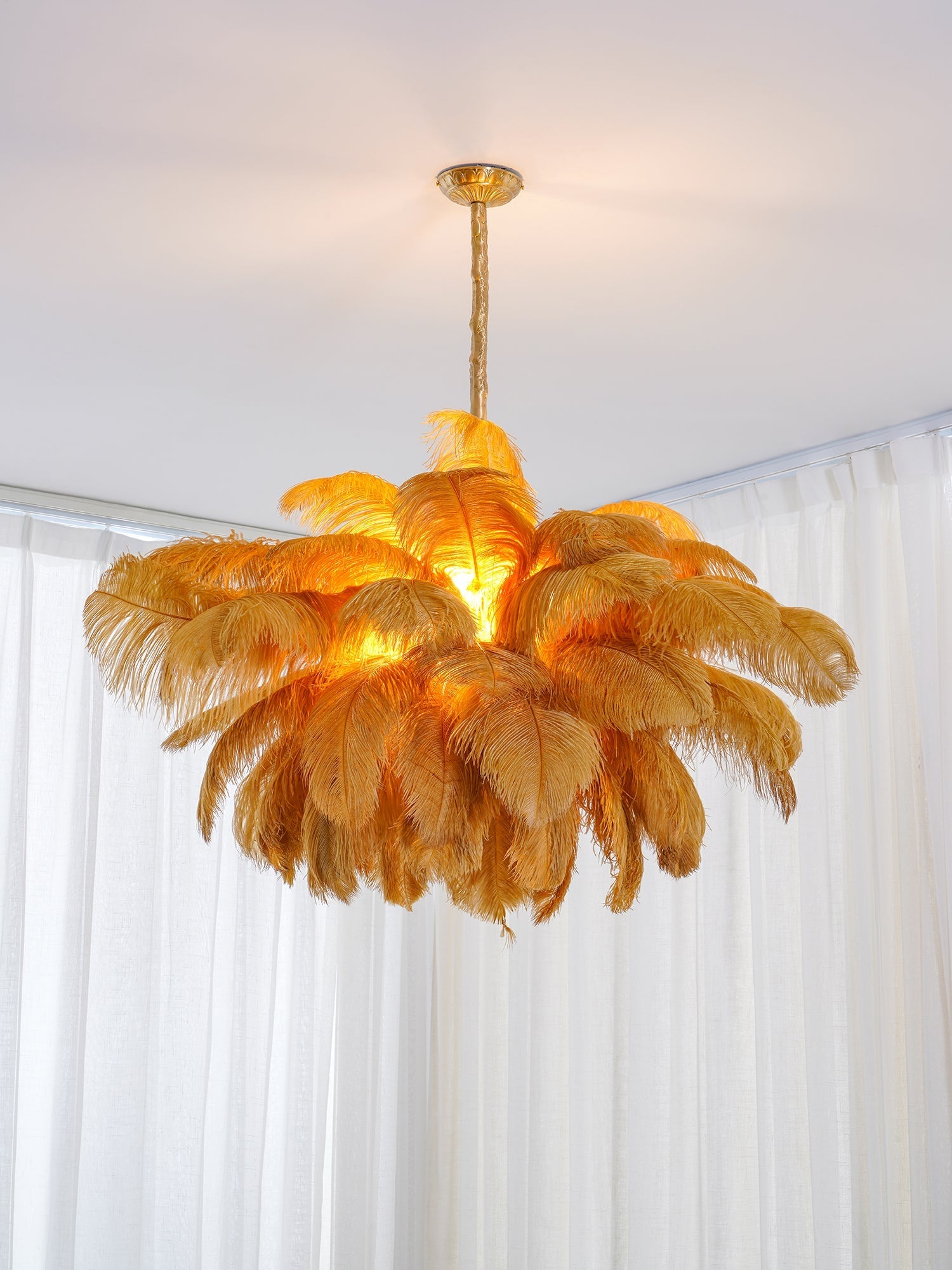Extra Large Ostrich Feather Chandelier | Opulent Brass Base & Ideal for Luxury Indoor Spaces